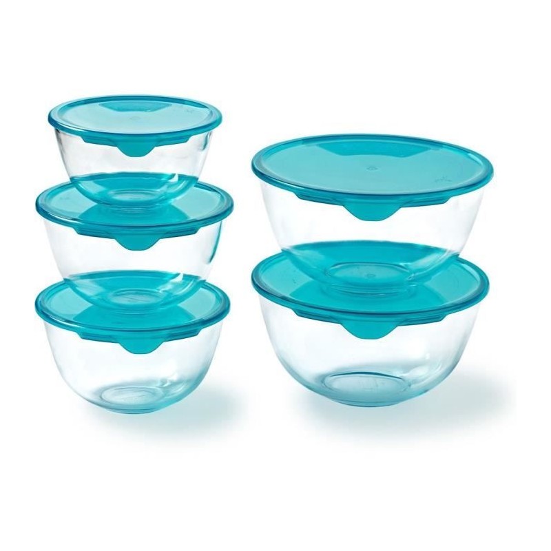 Lot de 5 jattes avec couvercle - PYREX - 1x 0,5L + 2x 1L + 2x 2L