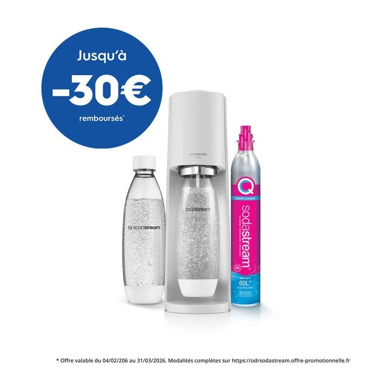 Machine a soda et eau pétillante SODASTREAM - TERRA Blanche - 2 bouteilles compatible lave-vaisselle - 1 recharge de gaz 60L