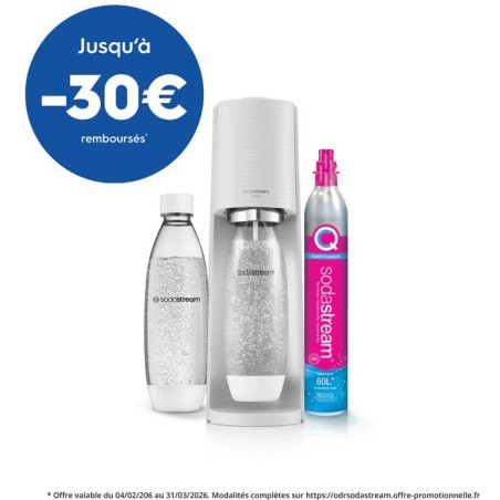 Machine a soda et eau pétillante SODASTREAM - TERRA Blanche - 2 bouteilles compatible lave-vaisselle - 1 recharge de gaz 60L