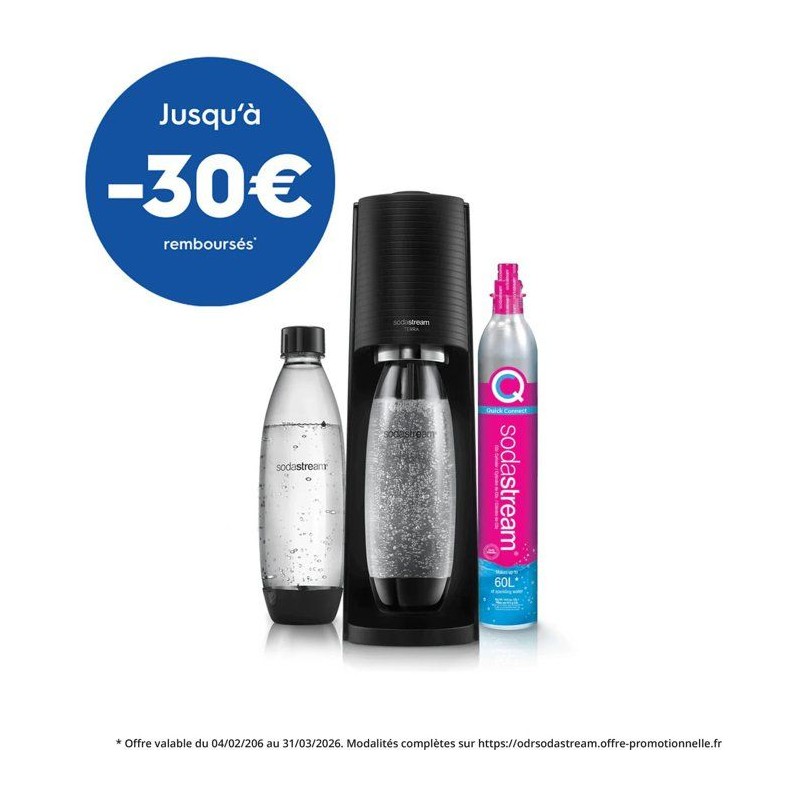 Machine a soda et eau pétillante SODASTREAM - TERRA Noire - 2 bouteilles compatible lave-vaisselle - 1 recharge de gaz 60L