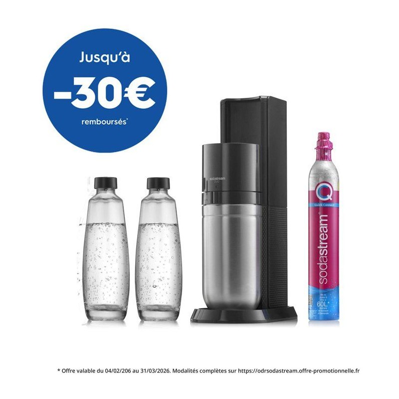 Machine a soda et eau pétillante SODASTREAM - DUO Noire - 2 carafes en verre - 1 recharge de gaz 60L