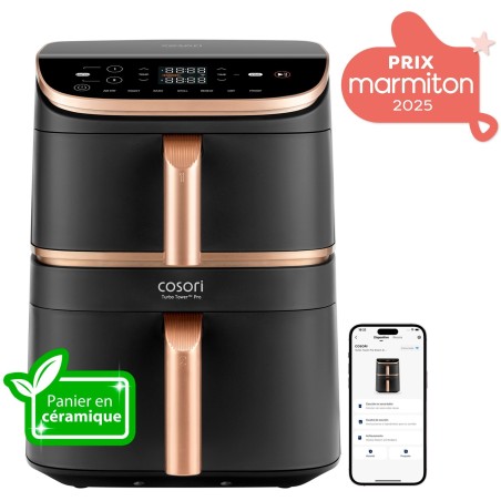 COSORI Ölfreie Fritteuse – Turbo Tower Pro Smart – 10,8 l Fassungsvermögen – 2 Tanks – 7 Programme – 2630 W – Schw