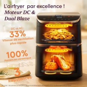 COSORI Ölfreie Fritteuse – Turbo Tower Pro Smart – 10,8 l Fassungsvermögen – 2 Tanks – 7 Programme – 2630 W – Schw