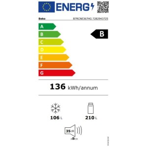 Réfrigérateur combiné - BEKO Série bPro 500 - B7RCNE367HG - 2 portes - 316 L - Classe B - 59,5 x 66,3 x 186,5 cm - Manhattan