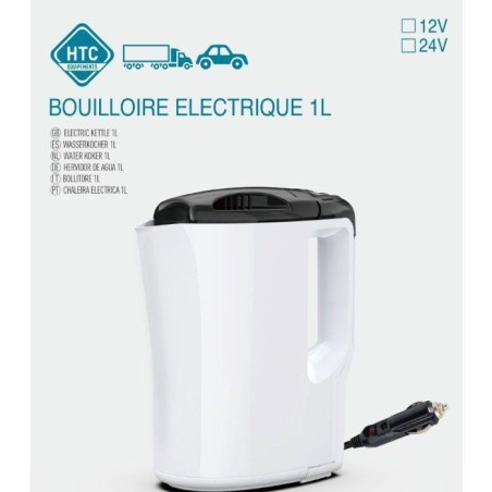 Bouilloire électrique 12V - HTC EQUIPEMENTS - 1 litre- 170W - corps blanc et couvercle noir