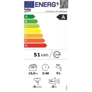 BEKO LLFT310411 Bullaugen-Waschmaschine – 10 kg – L60 cm – 1400 U/min – Energieeffizienzklasse A – Weiß
