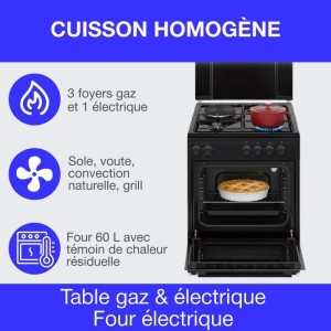 Gemischter Kocher CONTINENTAL EDISON CECM60FCB – 3 Gasbrenner + 1 Elektro – L59,8 x T61 xH83 cm – Schwarz
