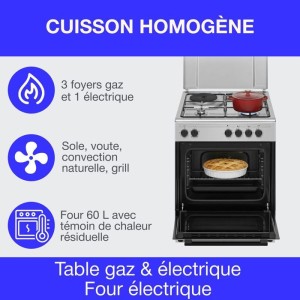 Gemischter Kocher CONTINENTAL EDISON CECM60FCS – 3 Gasbrenner + 1 Elektro – L59,8 x T61 xH83 cm – Silber