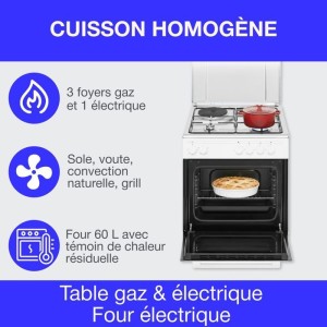 Cuisiniere mixte CONTINENTAL EDISON CECM60FCW - 3 feux gaz + 1 électrique - L59,8 x P61 xH83 cm - Blanc