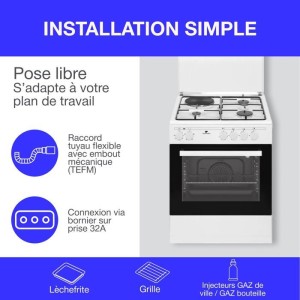 Cuisiniere mixte CONTINENTAL EDISON CECM60FCW - 3 feux gaz + 1 électrique - L59,8 x P61 xH83 cm - Blanc
