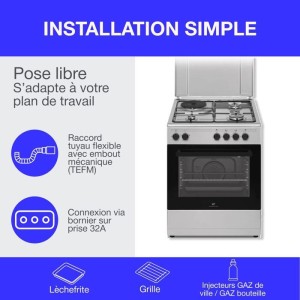 Gemischter Kocher CONTINENTAL EDISON CECM60FCS – 3 Gasbrenner + 1 Elektro – L59,8 x T61 xH83 cm – Silber