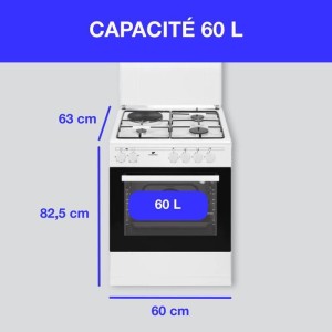 Cuisiniere mixte CONTINENTAL EDISON CECM60FCW - 3 feux gaz + 1 électrique - L59,8 x P61 xH83 cm - Blanc