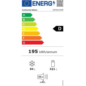 Réfrigérateur congélateur haut - CONTINENTAL EDISON - CEF2D413NFB - Classe D - 413L - 70 x 68 x 178 cm - Noir