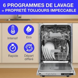 Lave-vaisselle encastrable CONTINENTAL EDISON CELV1045FI-10 couverts - Largeur44,8cm - Classe D - 45 dB - Blanc