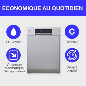 Lave-vaisselle pose libre CONTINENTAL EDISON CELV1544IXP - 15 couverts - 42dB-Silver