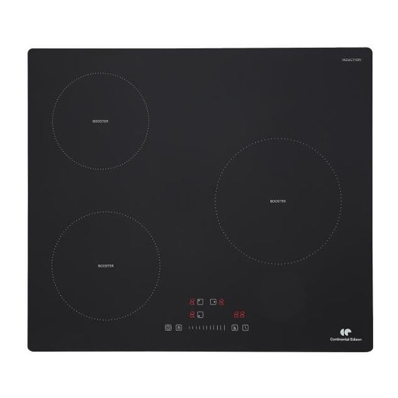 Plaque induction 3 foyers CONTINENTAL EDISON 6200W - 59 x 52 cm - 3 timers - 3 boosters - noir