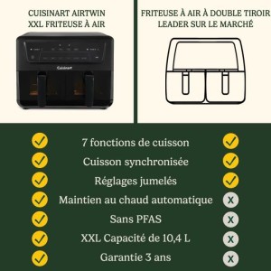 Friteuse sans huile CUISINART - Airfryer AFD10XBLE - Capacité 10,4L - Double cuves - Noir - 2400W