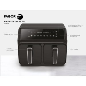 Airfryer 8L - FAGOR - Ölfreie Fritteuse 2 Tanks à 4L - 2200W - 8 Programme - Schwarz