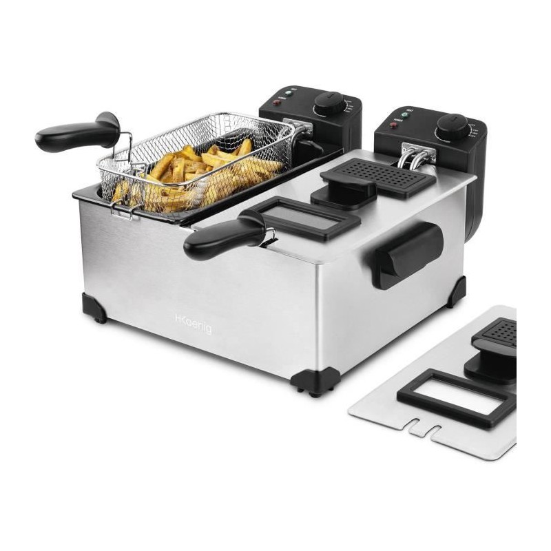 Hkoenig DFX600 - Double bin fryer 2x3l - 3600W - 2 Independent thermostats - Removable baskets - Anti -Olowers - Steel filters -