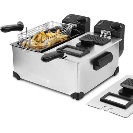 Hkoenig DFX600 - Double bin fryer 2x3l - 3600W - 2 Independent thermostats - Removable baskets - Anti -Olowers - Steel filters -