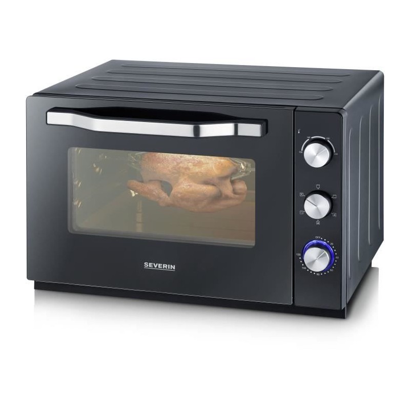 Four posable XXL a chaleur tournante SEVERIN - 60 L - 2 200 W - Tournebroche et pierre a pizza - Noir/Inox