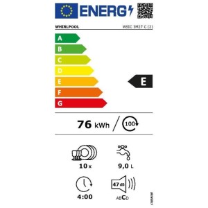 WHIRLPOOL WSIC3M27C Vollintegrierter Geschirrspüler – 10 Maßgedecke – Induktion – L45cm – 47dB