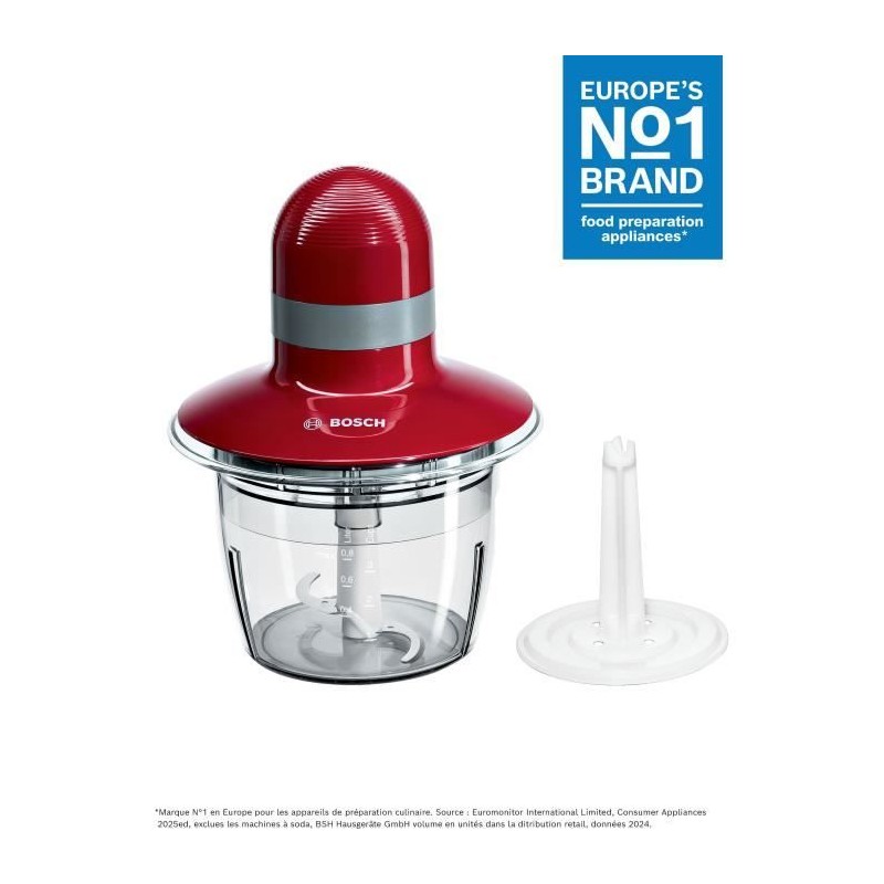 Hachoir BOSCH MMR08R2 - Rouge/Gris - 400W - Capacité 0,8L - Couteau inox - Batteur a blancs