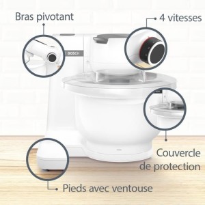 Robot pâtissier BOSCH Serie 2 MUMS2AW21- 700 W - 4 vitesses - 3,8 L - 3 disques - hachoir a viande - Blanc