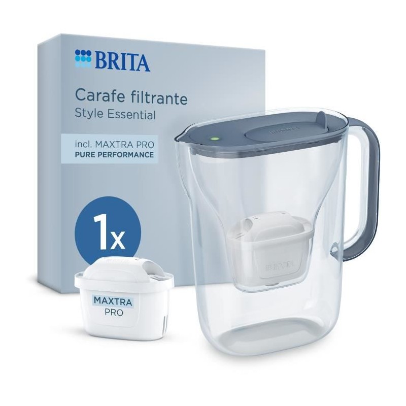 Carafe filtrante BRITA - Style Essential Bleu minéral - Capacité 2,4L dont 1,4L d'eau filtrée - 1 filtre Maxtra Pro Pure perf