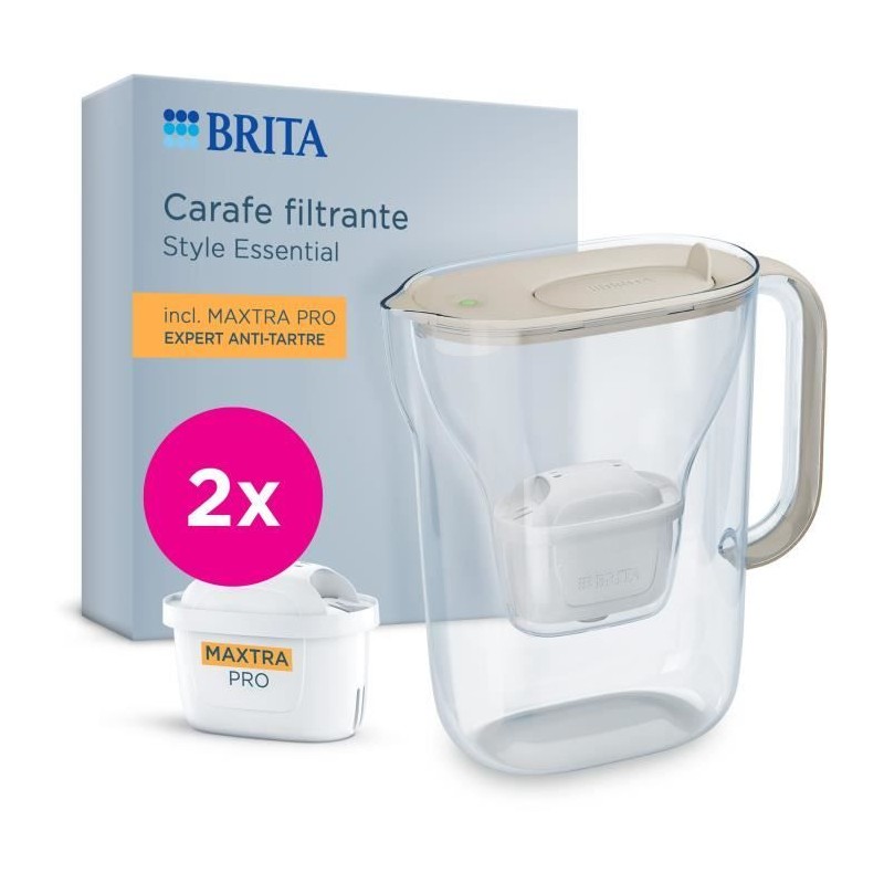 Carafe filtrante BRITA - Style Essential Sable - Capacité 2,4L dont 1,4L d'eau filtrée - 2 filtres Maxtra Pro Expert anti-tart
