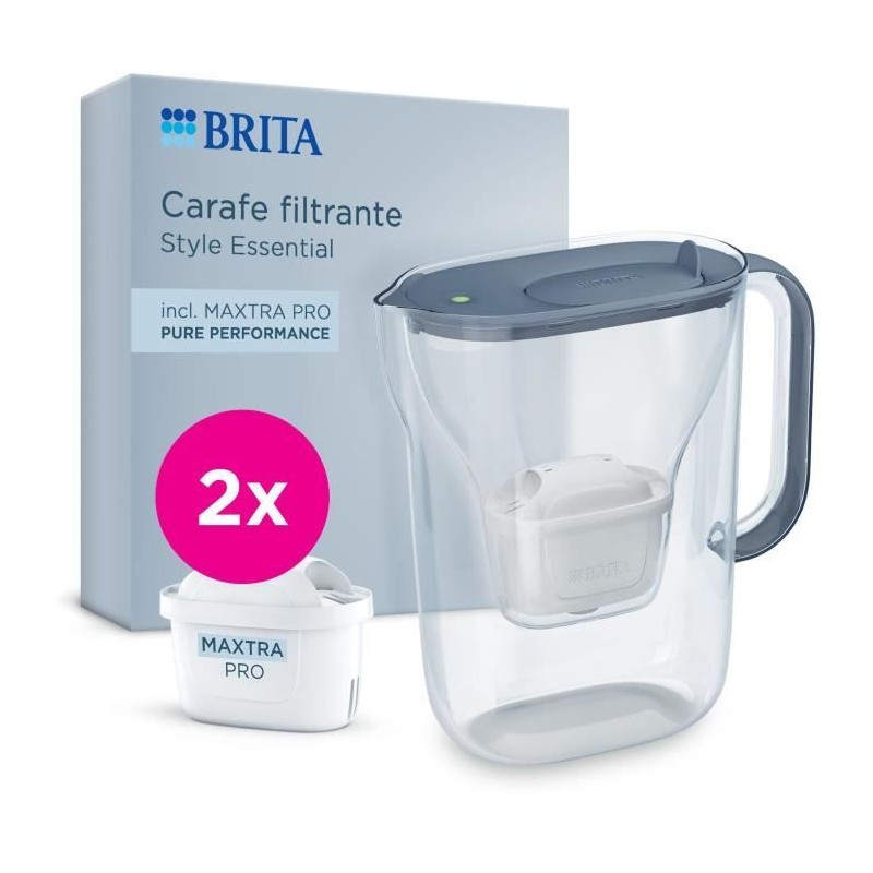 Carafe filtrante BRITA - Style Essential Bleu minéral - Capacité 2,4L dont 1,4L d'eau filtrée - 2 filtres Maxtra Pro Pure