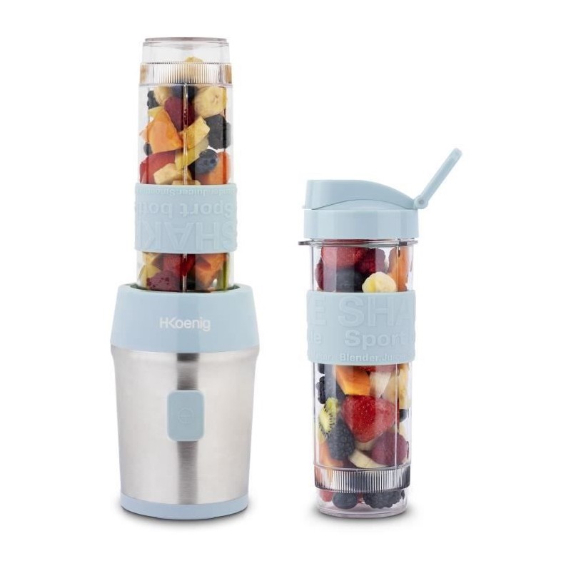 Mini blender - H.KoeNIG - SMOO16 - 300 W - 570 mL - Bleu pastel - 2 gourdes incluses - Sans BPA