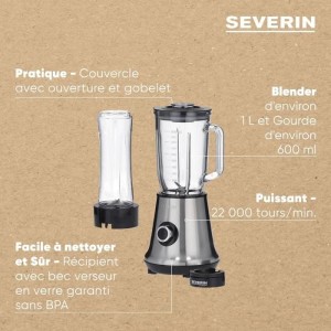 Blender 2 en 1 - SEVERIN - SM3737 - Multi-mixeur et blender a smoothie 2 en 1 - 500W - Bol en verre 1 L - 1 bouteille 600 ml inc