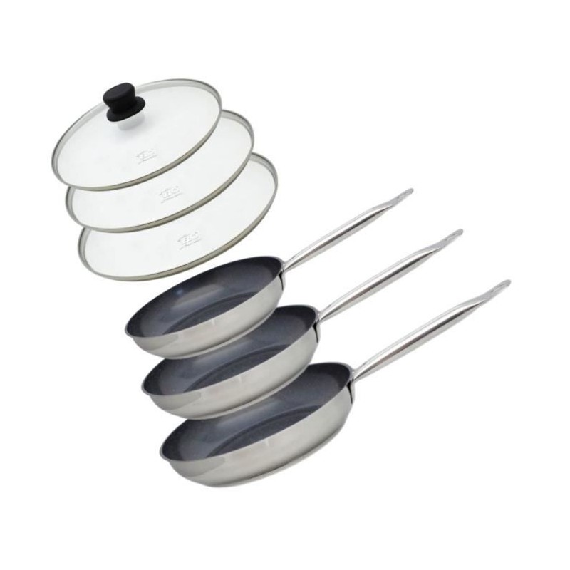 3er-Set Induktionsbratpfannen mit Glasdeckeln – ELO – Professional – Edelstahl 18/10 ELODUR – Ø 24, 28 und 32 cm