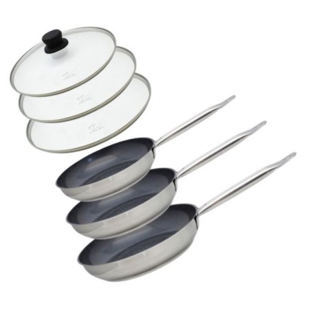3er-Set Induktionsbratpfannen mit Glasdeckeln – ELO – Professional – Edelstahl 18/10 ELODUR – Ø 24, 28 und 32 cm