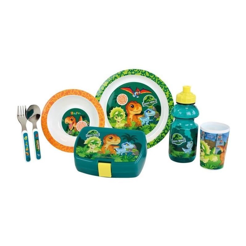 Jurassic-Geschirrset für Kinder – FUN HOUSE – 006322 – Glas, tiefer Teller, flacher Teller, Besteck, Flasche und Snackbox