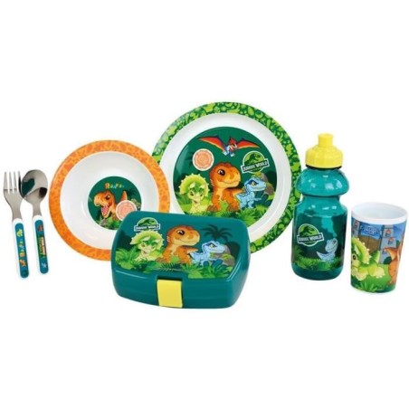 Jurassic-Geschirrset für Kinder – FUN HOUSE – 006322 – Glas, tiefer Teller, flacher Teller, Besteck, Flasche und Snackbox