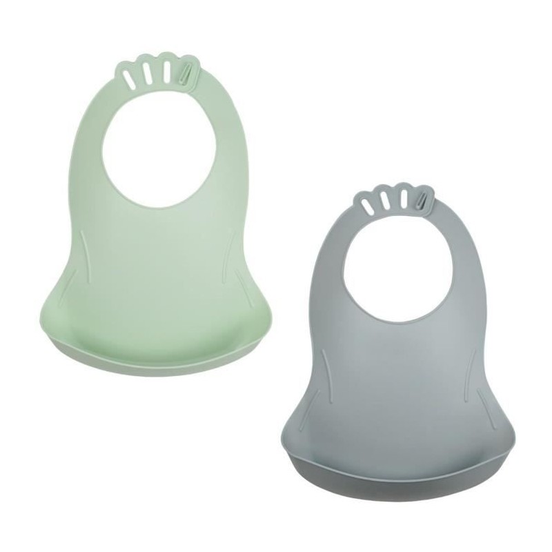 Lot de 2 bavoirs - THERMOBABY - BIBOU - Vert Céladon et Gris Charme - Ajustables et étanches