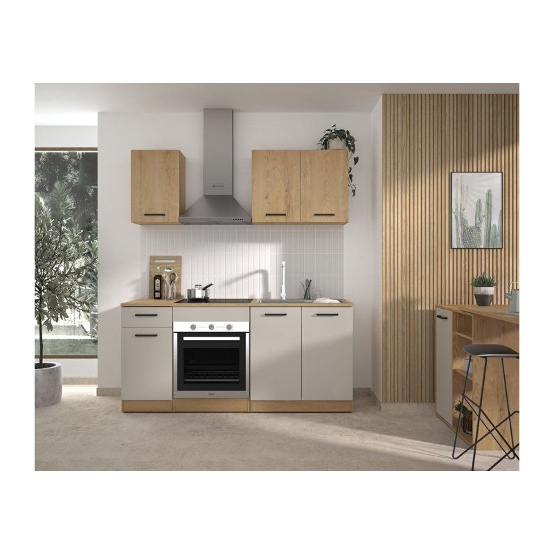ALPAGA – Komplettküche – Eiche Silva / Greige – 180 x 60/31 x 211 cm – Mit Backofenschrank und Arbeitsplatte – GAMI