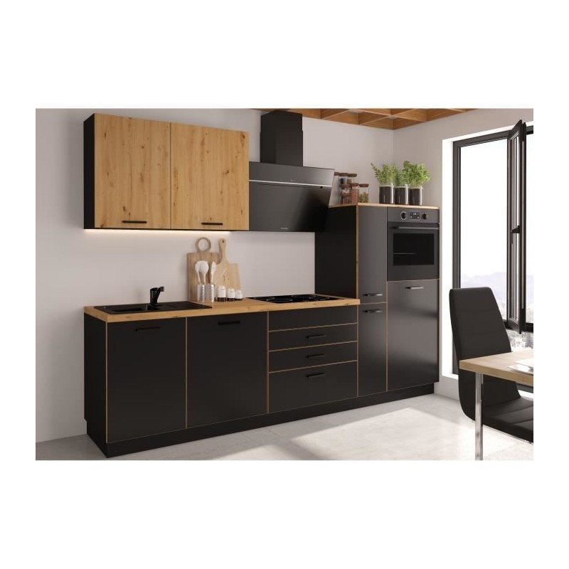 Cuisine complete AYA - Décor noir - L 280 x P 60 x H 214 cm - Plan de travail inclus