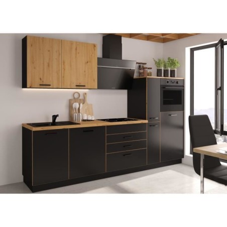 Komplette Küche AYA - Schwarzes Dekor - B 280 x T 60 x H 214 cm - Arbeitsplatte inklusive