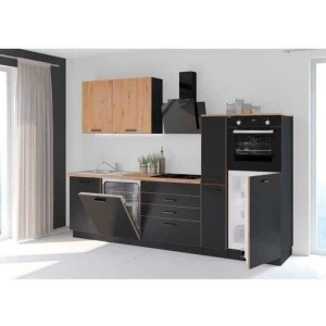 Komplette Küche AYA - Schwarzes Dekor - B 280 x T 60 x H 214 cm - Arbeitsplatte inklusive