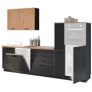 Komplette Küche AYA - Schwarzes Dekor - B 280 x T 60 x H 214 cm - Arbeitsplatte inklusive