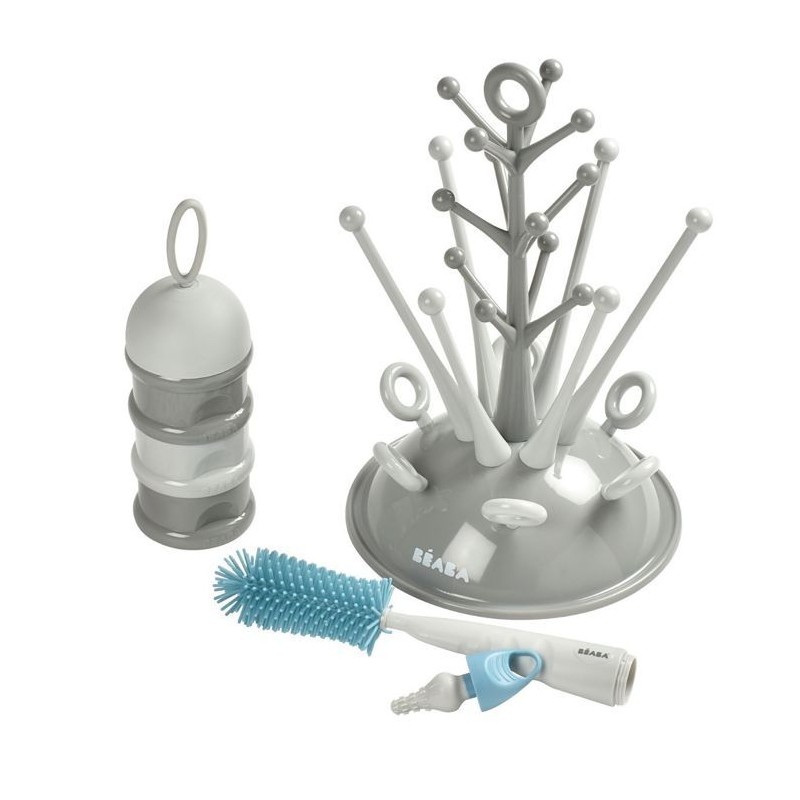 BEABA, Coffret naissance, Egoutte biberon arbre grey + Boite doseuses light/dark mist + Goupillon silicone + Bavoir coton tropic