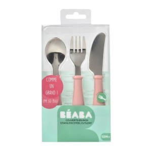 BEABA Set mit 3 alten rosa Edelstahlbesteck |  ENSEMBLE - SET REPAS...