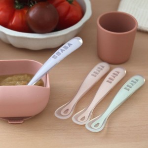 BEABA Set mit 4 Silikonlöffeln 1. Alters (windiges Blau + Eukalyptusgrün + heller Nebel + altes Rosa)
