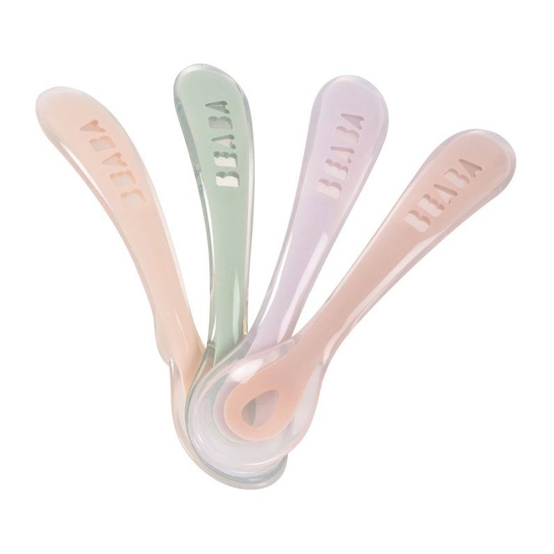 Lot de 4 cuilleres - BEABA - 2eme âge - En silicone - Set Barbe a papa / Guimauve / Vert de gris / Lila