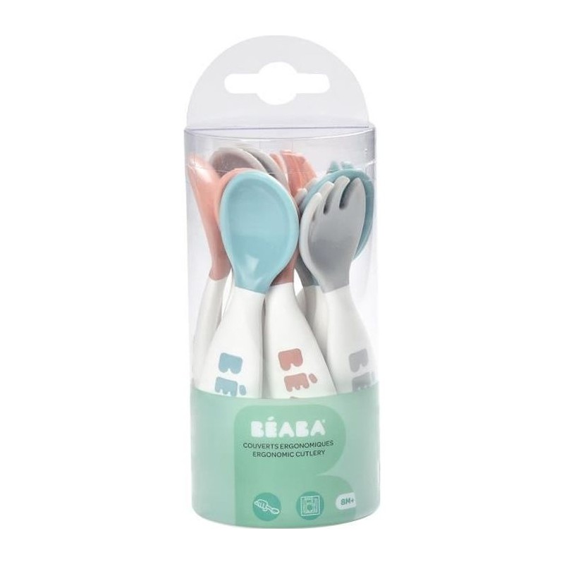 BEABA Set mit 6 ergonomischen Löffeln + 4 Gabeln (altes Rosa + luftiges Grün + heller Nebel)