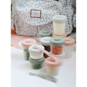 BÉABA - Lot 12 Portions Conservation et 2 Cuilleres Silicone - Pack 1er Repas - Eucalyptus