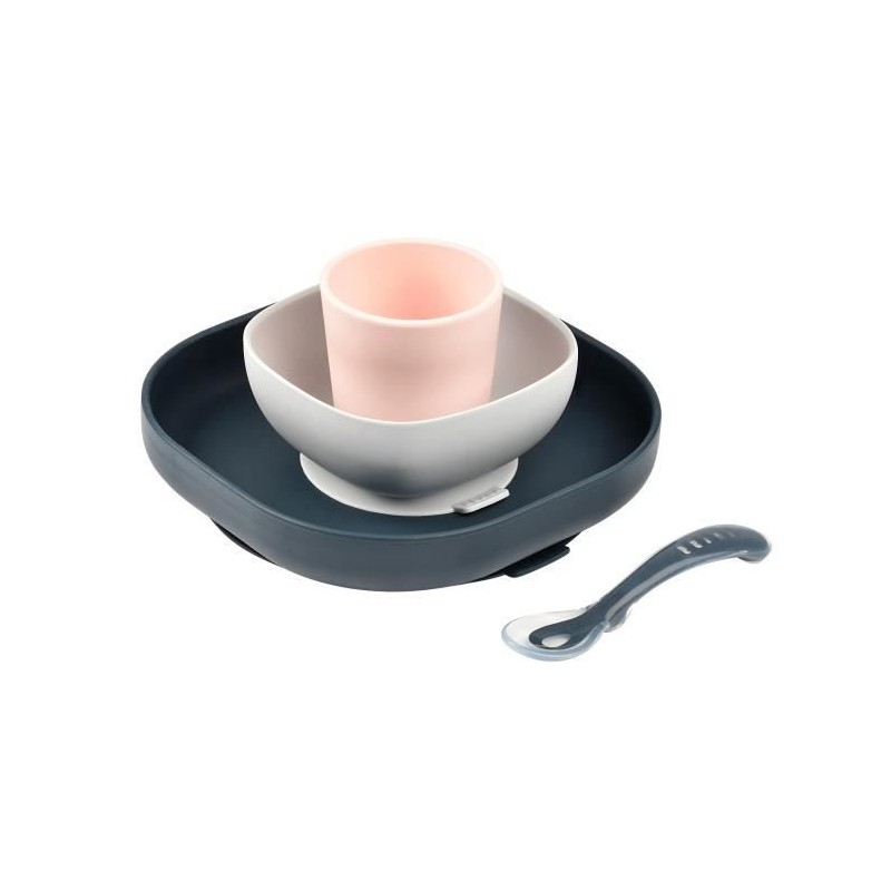 Coffret Repas Silicone - BEABA - Night Blue - Assiette, Bol, Verre, Cuillere - Bébé 4 mois